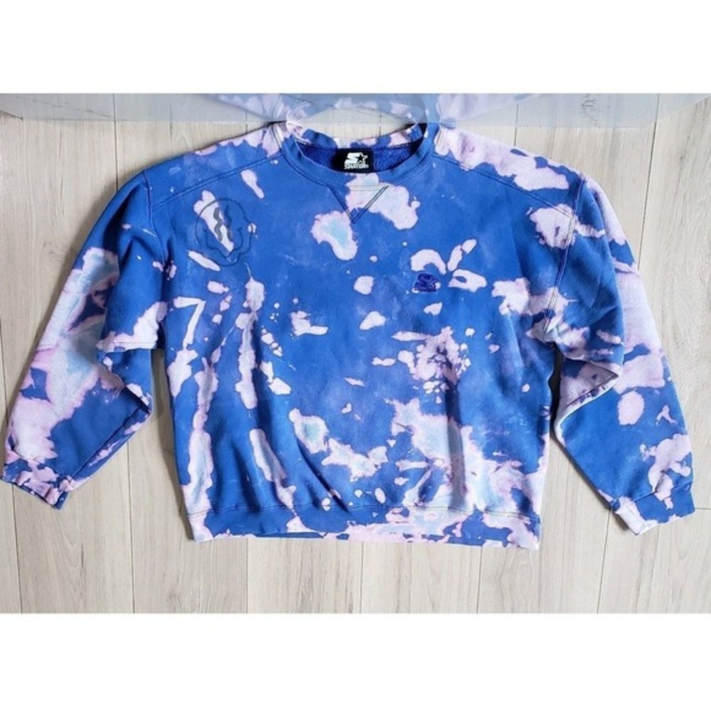 Starter Sweatshirt Mens XL Blue Bleach Wash Acid Wash Streetwear Crewneck